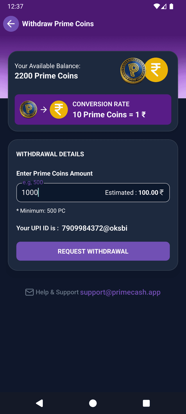 PrimeCash Refer Screen